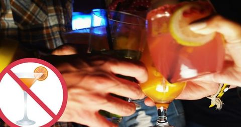 Friends toasting with drinks and prohibition sign overlay