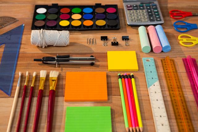 This image shows a variety of stationery and art supplies neatly arranged on a wooden table. Items include paint, brushes, pencils, sticky notes, a calculator, scissors, chalk, a ruler, binder clips, a compass, and a protractor. Ideal for use in educational materials, back-to-school promotions, office supply advertisements, and creative project inspirations.