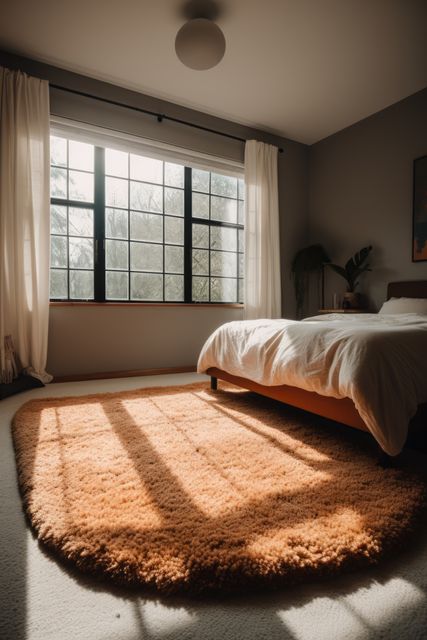 Cozy Minimalist Bedroom with Large Window and Soft Rug - Download Free Stock Photos Pikwizard.com