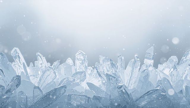 Shimmering ice crystal cluster catching backlight with frosty bokeh and prismatic facets