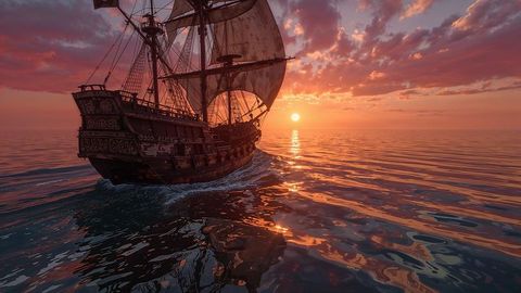 Majestic wooden pirate ship sailing toward sunset horizon on tranquil ocean