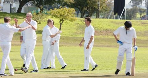 Male Cricketers Celebrating on Cricket Field with Teammates