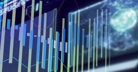 Holographic financial dashboard with candlestick bars and neon line graphs