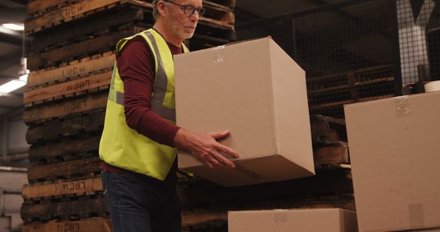 Senior Man Wearing Safety Vest Carrying Box in Warehouse - Download Free Stock Images Pikwizard.com