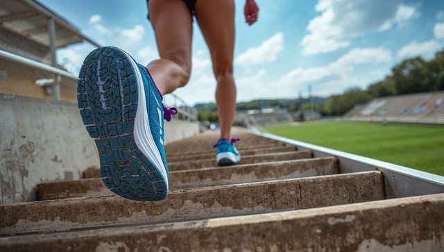 Low-angle woman climbing stadium steps showing turquoise running shoe sole and athletic motion
