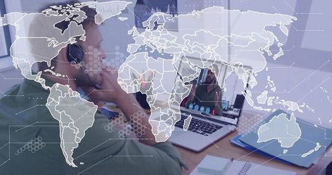 Remote parenting videocall at home office with headset and world map connectivity overlay