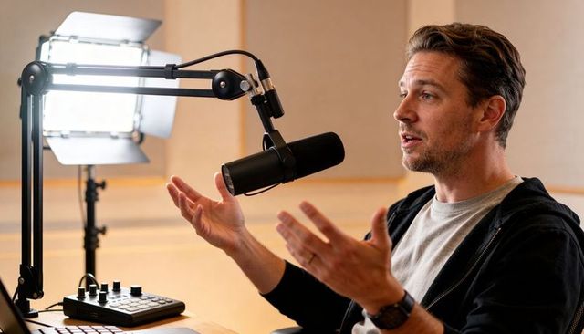 Podcast Host Engaging Audience While Speaking into Professional Microphone in Studio with Lighting
