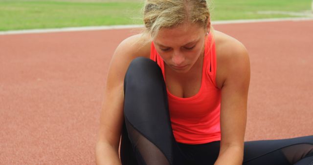 Front view of Caucasian female athlete wearing shoes on running track at sports venue. She is sitting on a running track 4k