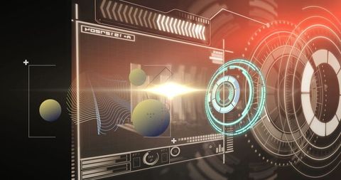 Futuristic glowing neon digital interface with geometric elements