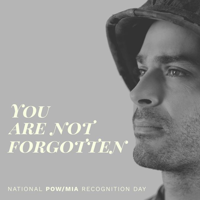 Animation of national pow mia recognition day text over biracial soldier. National pow mia recognition day and celebration concept digitally generated image.