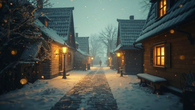 Winter Evening Stroll in Snowy Village with Glowing Windows