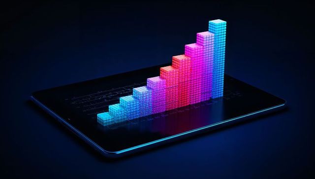 Futuristic Neon 3D Bar Chart Displayed on Digital Tablet
