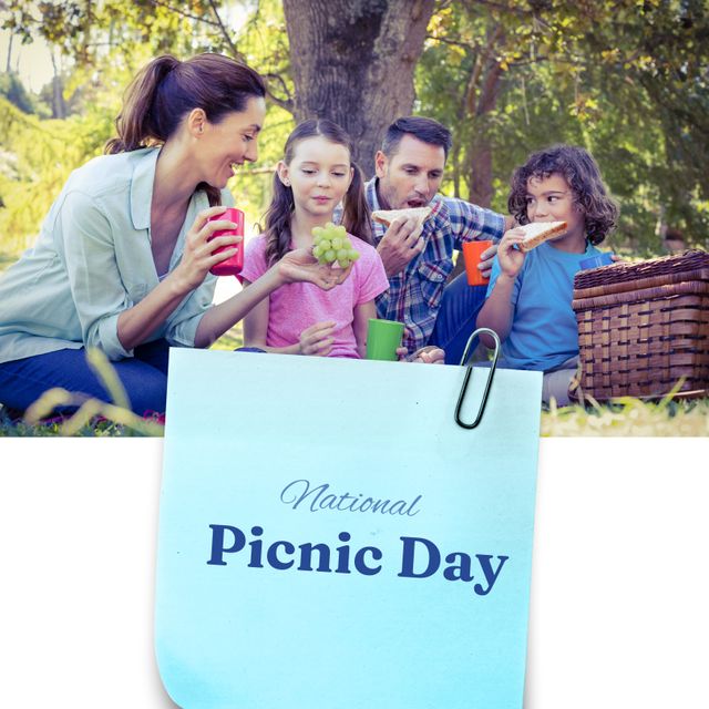 Perfect for celebrating National Picnic Day, this photo shows a happy Caucasian family enjoying food in a park. Ideal for themes related to family bonding, outdoor activities, leisure, and togetherness. Can be used for holiday promotions, social media campaigns, or family-friendly advertisements.