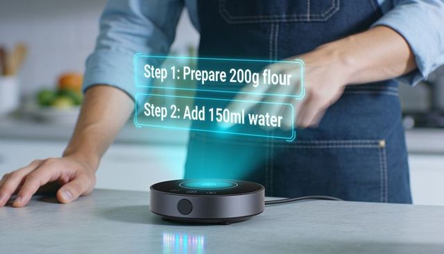 Home chef reading holographic recipe projection from smart kitchen device on countertop