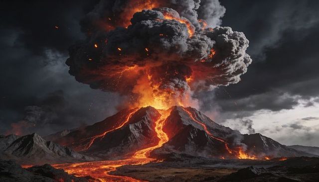 Erupting volcano sending towering ash plume and molten lava rivers under stormy sky epic