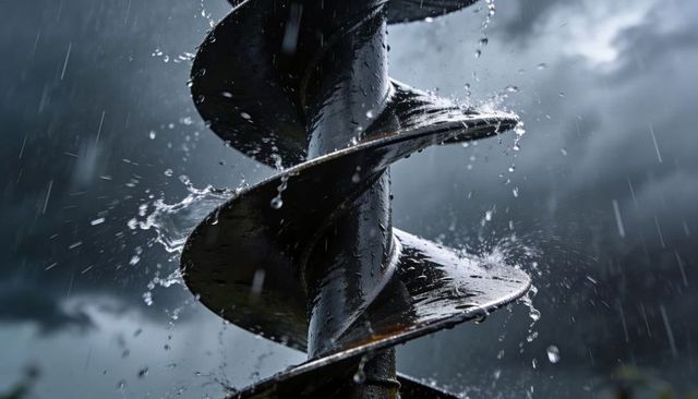 Stormy rain on industrial auger drill bit flinging water droplets moody steel texture
