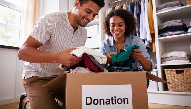 Couple donating clothes in home closet packing donation box for charity and decluttering