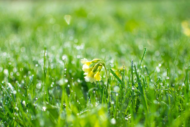 Dew-covered yellow flower surrounded by fresh, green grass on a sunny morning, offering a perfect representation of the vibrancy and renewal of spring. Ideal for use in eco-friendly campaigns, gardening promotions, springtime advertisements, and nature-related blog posts.