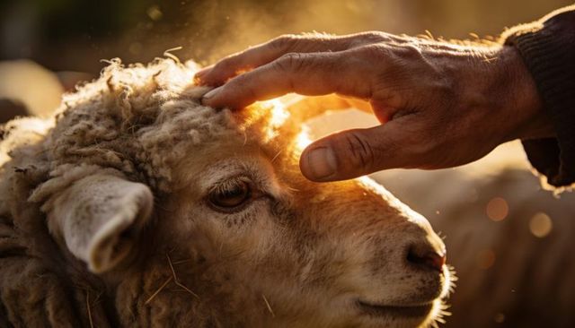 Golden backlit shepherd hand petting woolly sheep closeup showing gentle farmhand bond