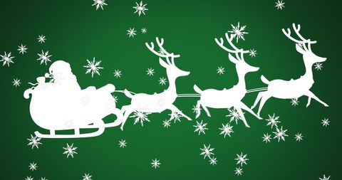 Santa's sleigh with reindeer silhouettes on green festive background