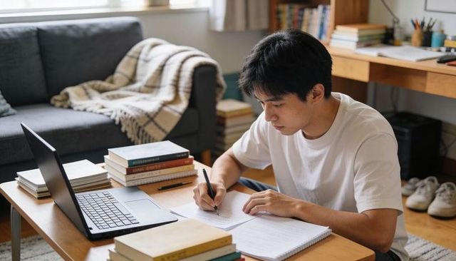 Asian man studying at home with laptop and notebooks on cozy living room table