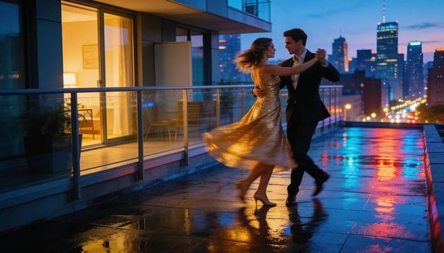 Romantic couple dancing on rain-slick rooftop terrace with neon city reflections