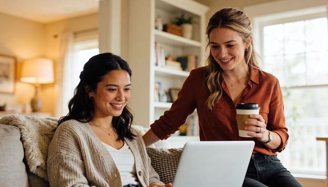 Smiling colleagues collaborating on laptop in cozy home workspace with coffee and bookshelf