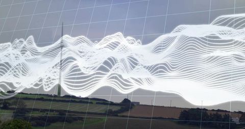 White data waveform overlaying rural farmland with wind turbine, grid and rolling fields