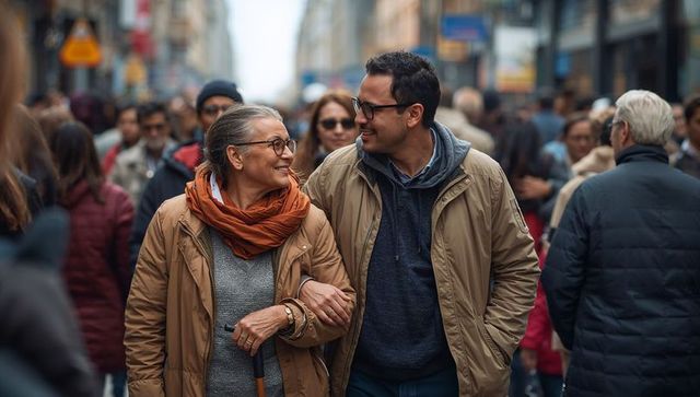 Mature woman and adult son walking arm-in-arm through bustling city street smiling warmly