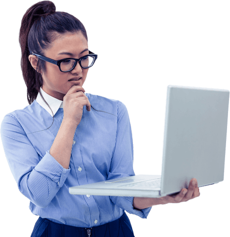 Transparent Asian Woman Contemplating with Laptop in Hand