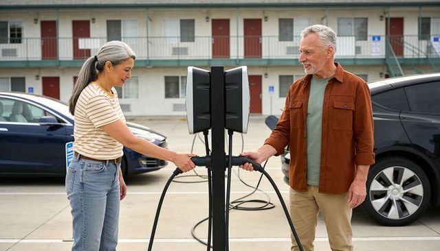Senior couple charging electric vehicles at motel dual ev charging station in parking lot