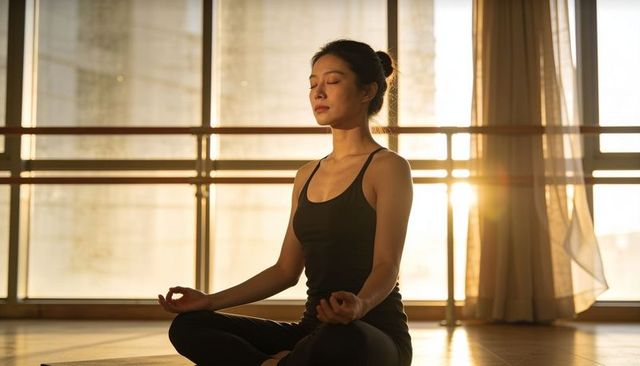 Asian woman meditating on mat in minimalist studio with barre and warm sunrise light