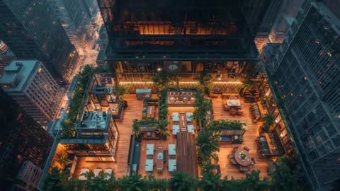 Descending drone revealing illuminated rooftop terrace at dusk with decking, dining and greenery