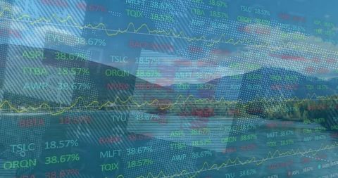 Stock Market Data Overlay on Tranquil Mountain Lake