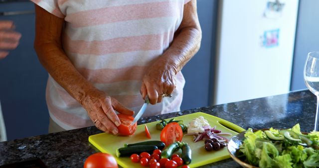 A senior woman is slicing a tomato on a cutting board filled with fresh vegetables, with copy space - Download Free Stock Photos Pikwizard.com