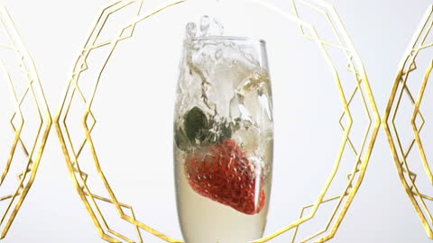 Strawberry Splashing in Champagne Flute with Abstract Gold Patterns