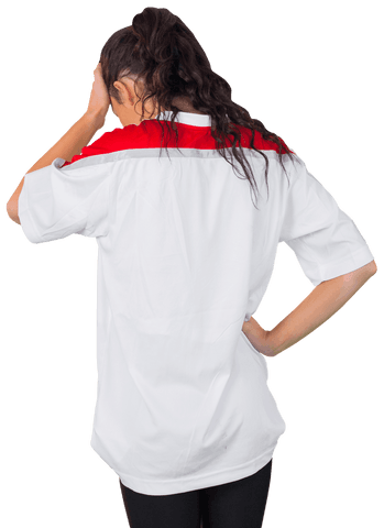 Disappointed Football Fan in Transparent White and Red Jersey