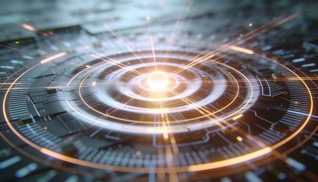 Holographic Energy Core Over Futuristic Circuit HUD Display for AI Tech Interfaces