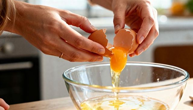 Close-up hands cracking farm fresh egg over glass bowl on wooden counter in daylight