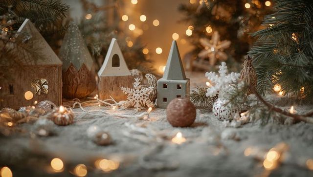 Cozy rustic holiday village with wooden houses, ceramic cottage and warm bokeh lights