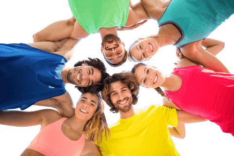 group of friends huddling, smiling, wearing colorful shirts on transparent background - Download Free Stock Videos Pikwizard.com
