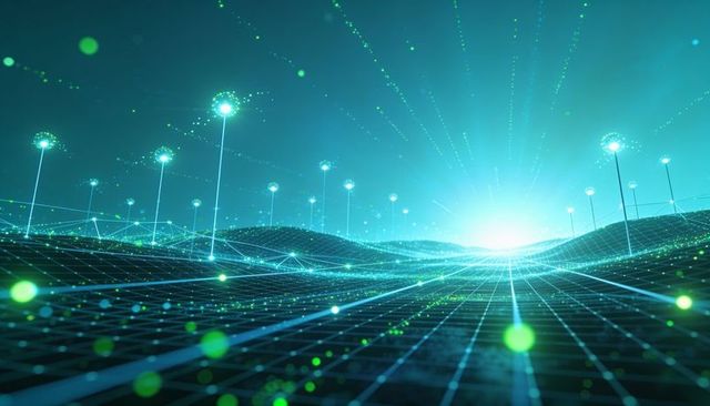 Futuristic digital landscape receding toward glowing horizon with wireframe grid and light pillars