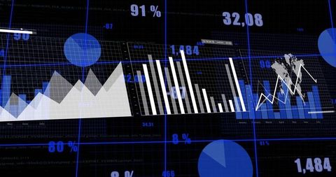 Visualizing Global Metrics on Blue Neon Dashboard with Area, Bar and Line Charts