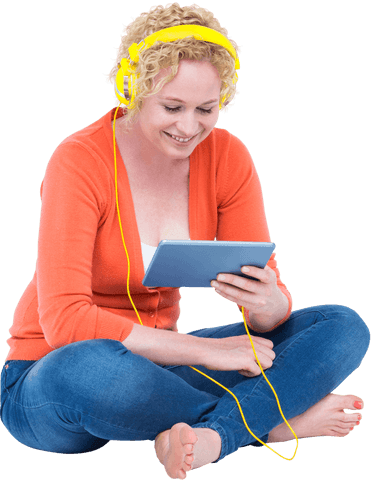 Woman with curly blonde hair enjoying music on tablet transparent background