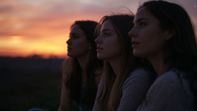 Three women watching vibrant sunset on hillside contemplating horizon and evening calm