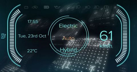Projecting Central Automotive HUD Showing 61 km/h, Auto Mode, Electric and Hybrid
