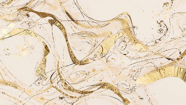 Flowing golden calligraphic swirls on cream paper, metallic brushwork and ink splatter