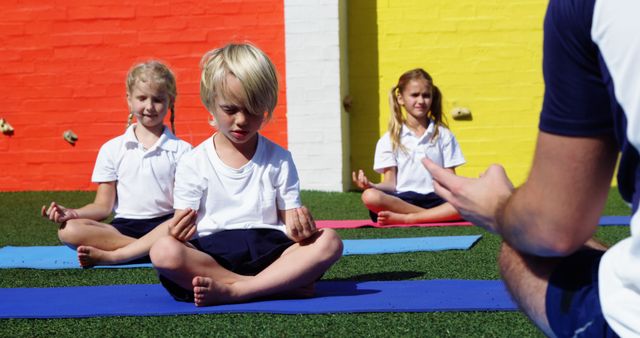 Children sitting cross-legged on yoga mats engaging in yoga practice with an instructor outdoors. Could be used for educational materials, promoting children's wellness programs, illustrating fitness and mindfulness activities for kids or advertisements for schools and yoga classes.