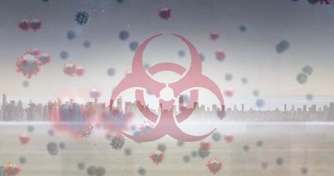 Biohazard Symbol Over Cityscape With Floating Virus Particles