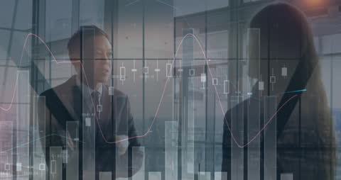 Business Professionals Discussing with Financial Graph Overlay